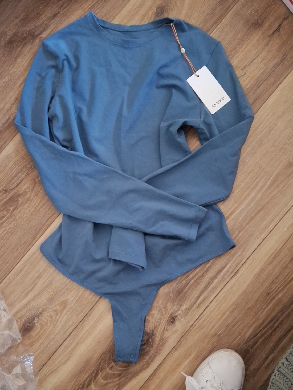 Quince Stretch Cotton Jersey Long Sleeve Bodysuit Ocean L NWT - Picture 2 of 3